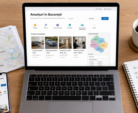 Persoană care caută anunțuri online în București pe laptop