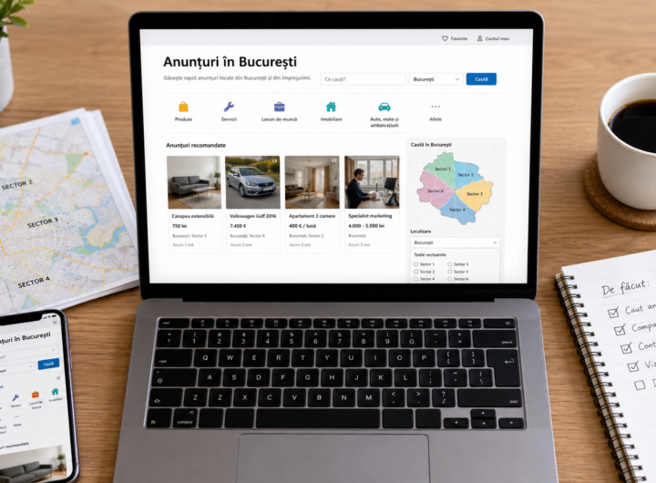 Persoană care caută anunțuri online în București pe laptop