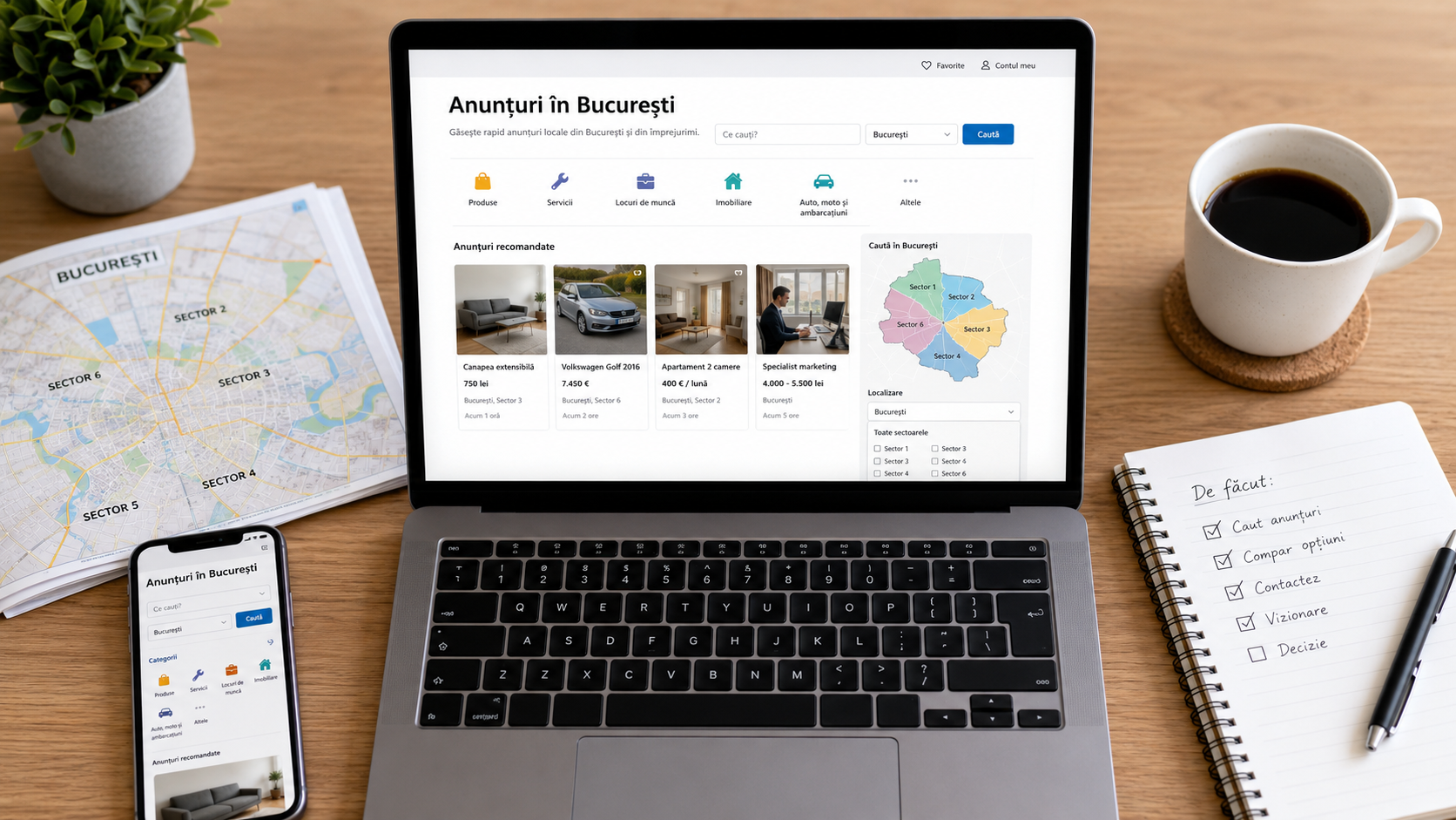 Persoană care caută anunțuri online în București pe laptop
